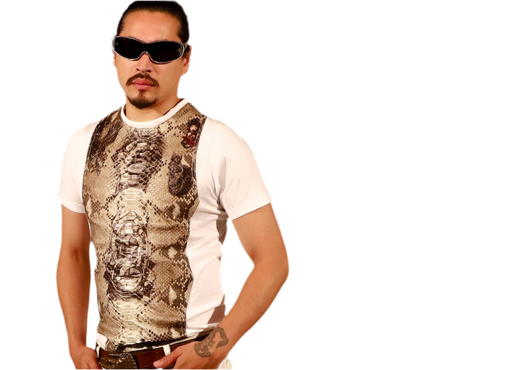The Python Tee Model wearing The Python Tee, a stylish python print shirt made from cotton and spandex, perfect for leather lovers.